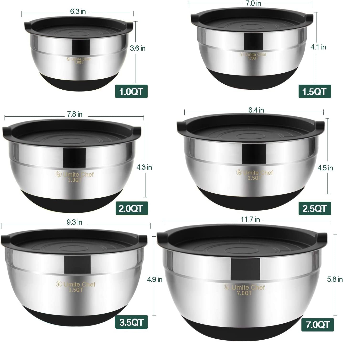 6-Piece Stainless Steel Mixing Bowls Set with Airtight Lids - Non-Slip Bottoms, Perfect for Mixing & Serving (Black)