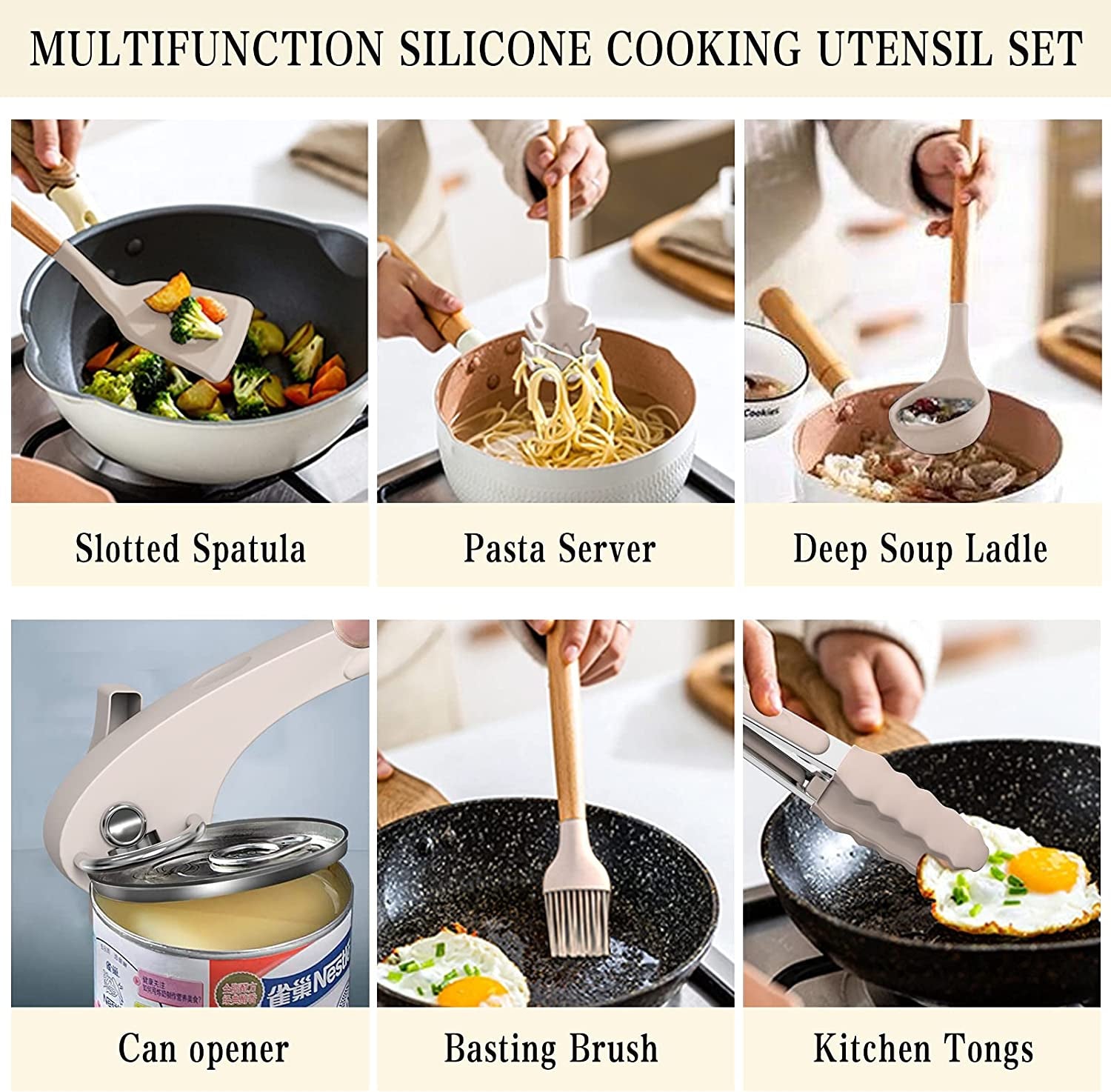 38-Piece Silicone Cooking Utensil Set with Wooden Handles - Non-Stick, Heat Resistant, BPA Free Kitchen Cookware in Khaki