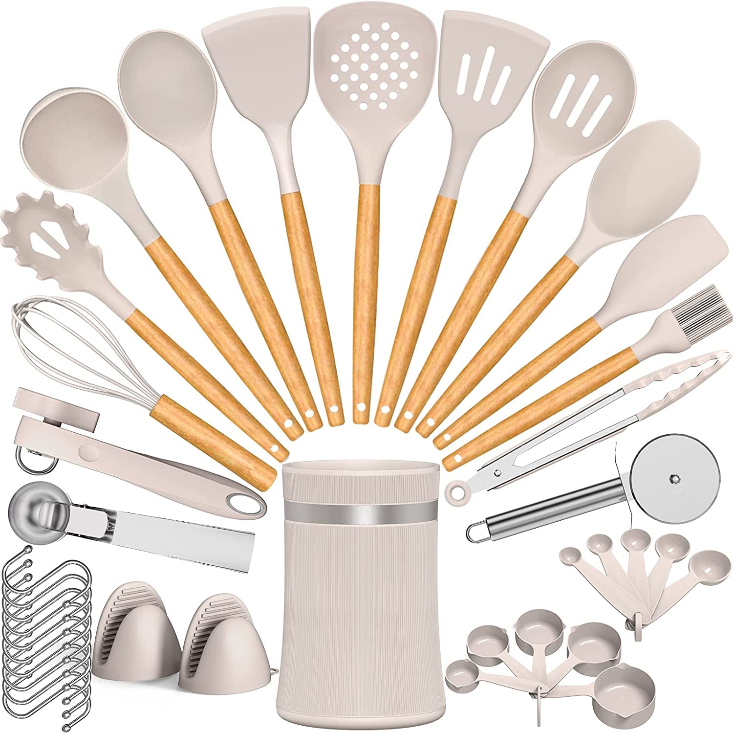 38-Piece Silicone Cooking Utensil Set with Wooden Handles - Non-Stick, Heat Resistant, BPA Free Kitchen Cookware in Khaki