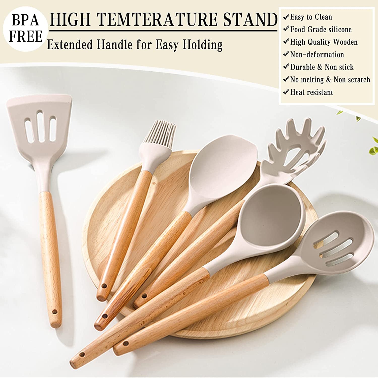 38-Piece Silicone Cooking Utensil Set with Wooden Handles - Non-Stick, Heat Resistant, BPA Free Kitchen Cookware in Khaki