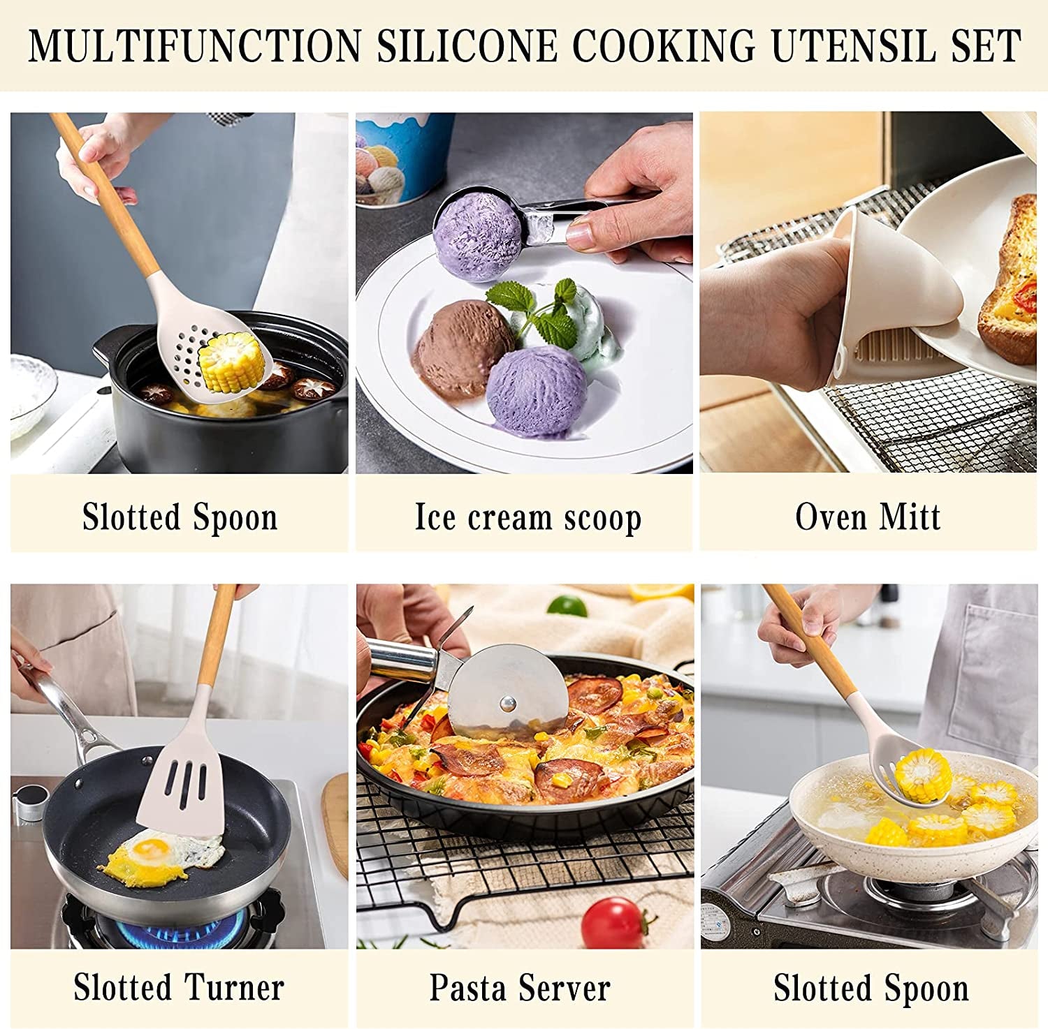 38-Piece Silicone Cooking Utensil Set with Wooden Handles - Non-Stick, Heat Resistant, BPA Free Kitchen Cookware in Khaki