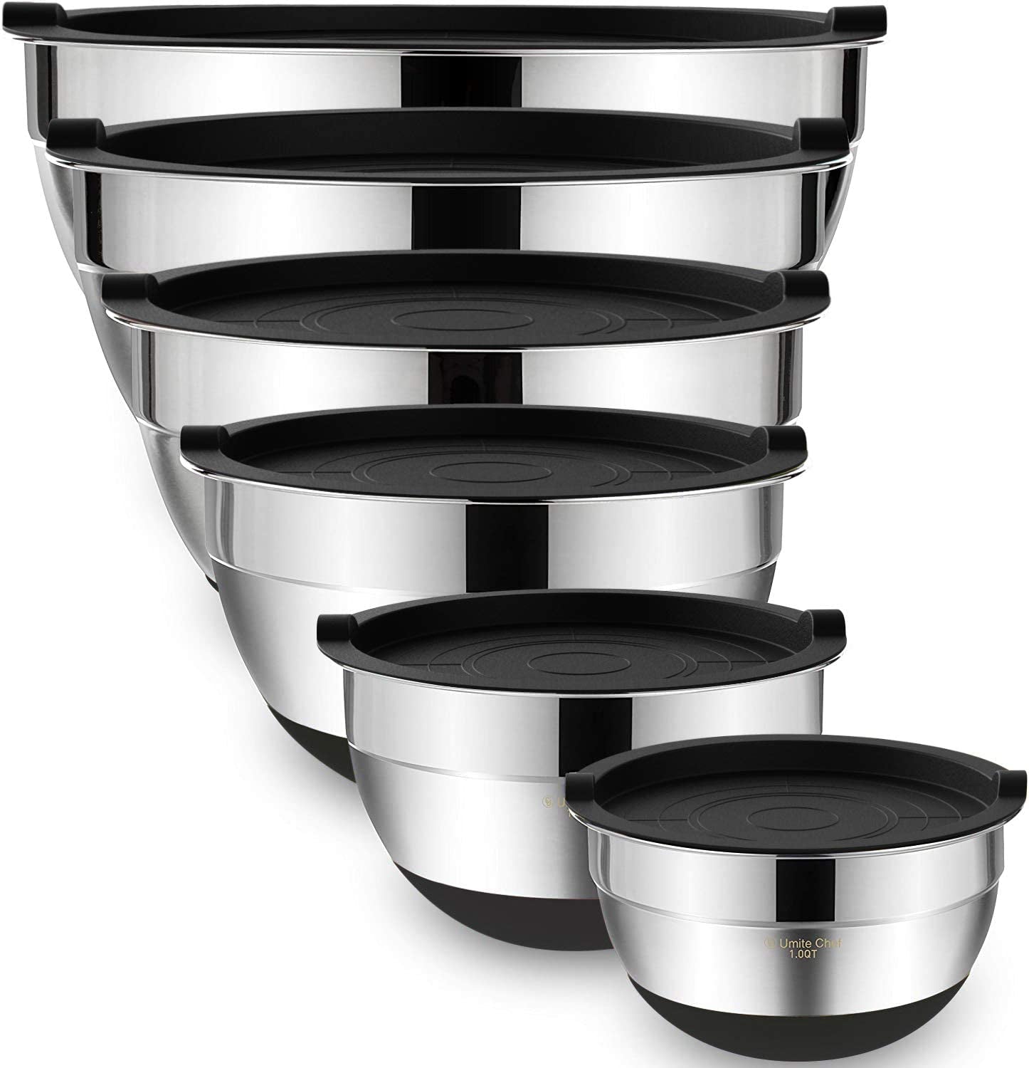 6-Piece Stainless Steel Mixing Bowls Set with Airtight Lids - Non-Slip Bottoms, Perfect for Mixing & Serving (Black)