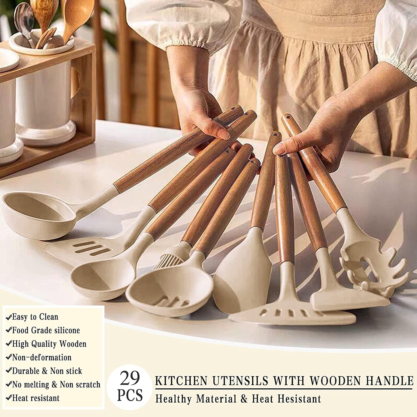 38-Piece Silicone Cooking Utensil Set with Wooden Handles - Non-Stick, Heat Resistant, BPA Free Kitchen Cookware in Khaki