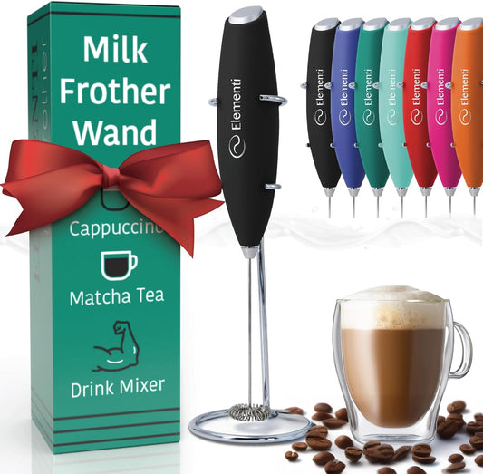 Deluxe Handheld Milk Frother & Drink Mixer - Electric Coffee & Matcha Foamer with Stand (Black)