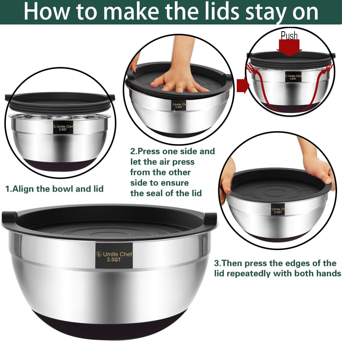 6-Piece Stainless Steel Mixing Bowls Set with Airtight Lids - Non-Slip Bottoms, Perfect for Mixing & Serving (Black)