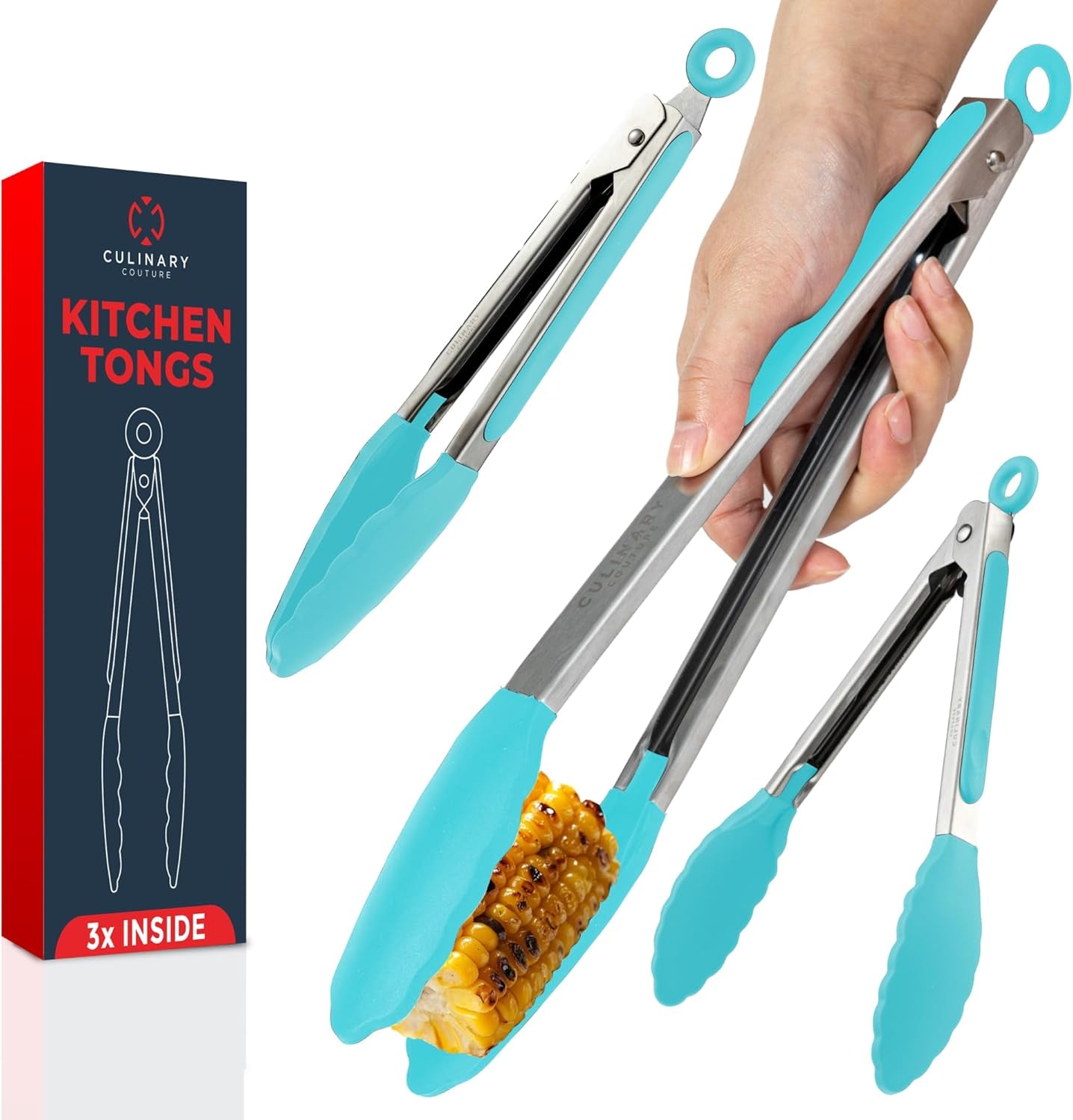 Premium Silicone Kitchen Tongs Set - Heat Resistant, Locking 7-Inch, 9-Inch, 12-Inch for Cooking & Serving - Aqua Sky Utensils