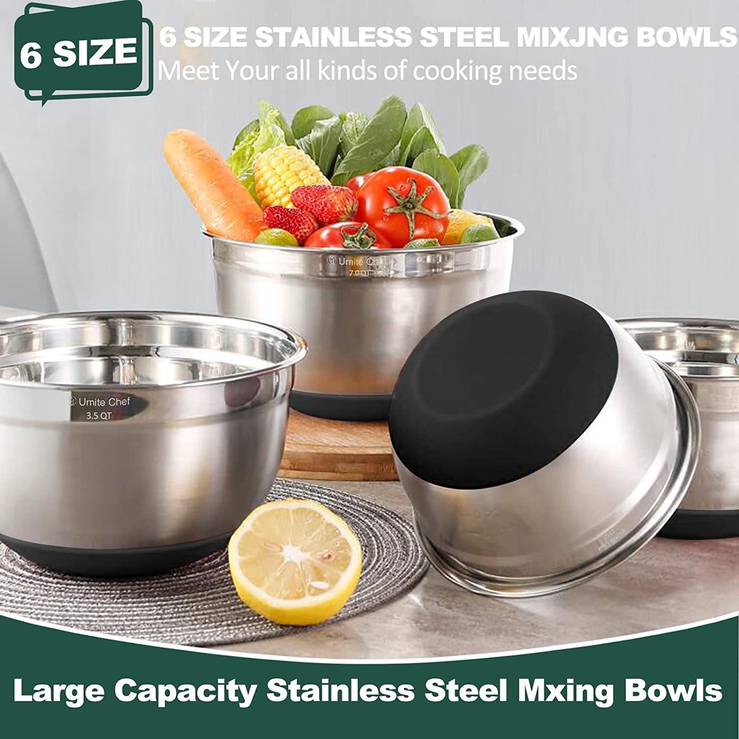 6-Piece Stainless Steel Mixing Bowls Set with Airtight Lids - Non-Slip Bottoms, Perfect for Mixing & Serving (Black)